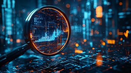futuristic data analysis in a virtual cityscape using a magnifying glass