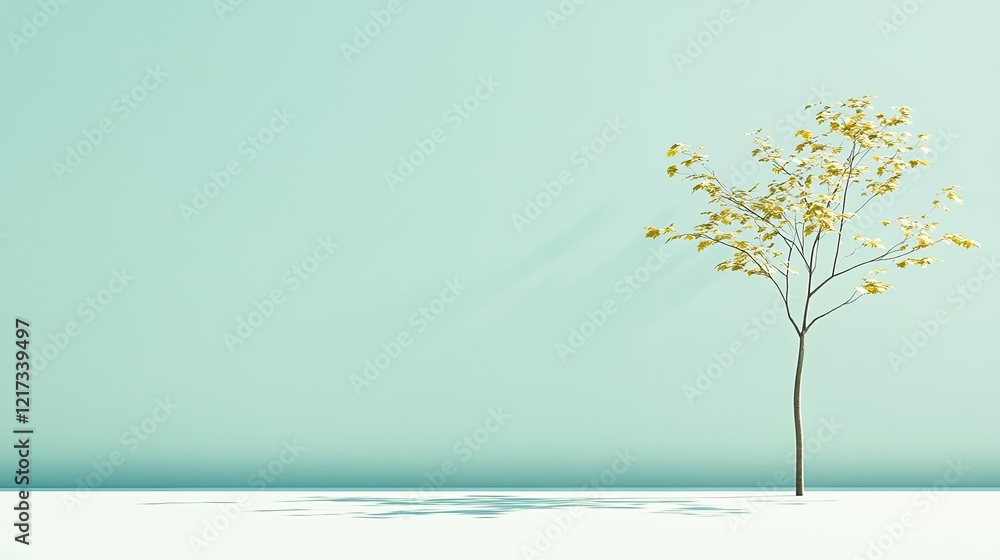 Poster serene minimalist landscape showcasing single tree against solid color background casting soft shado