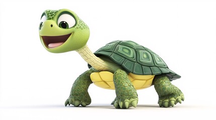 Fototapeta premium A cheerful green cartoon turtle with large expressive eyes and a friendly smile, ready for adventure.
