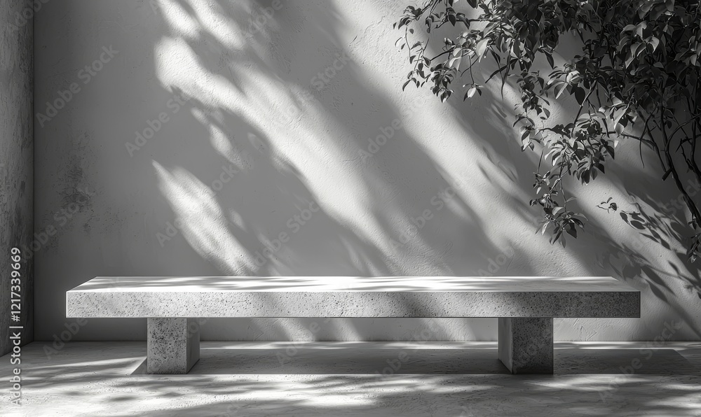 Poster in a studio, an empty wall backdrop is enhanced by shadow light and floor reflections, perfect for s