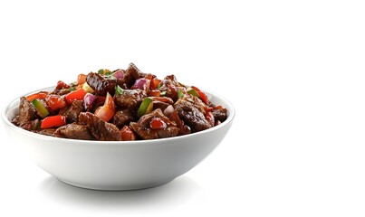 Beef stir-fry bowl, studio shot, white background, recipe