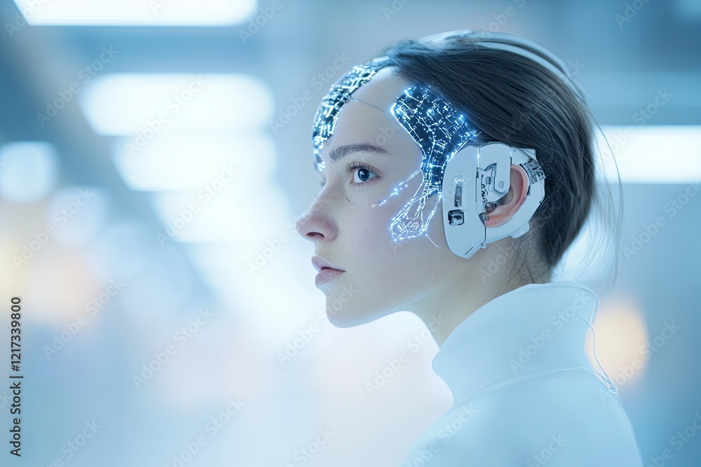 Poster striking visualization of transhumanism showcasing fusion of humans and technology in minimalistic s
