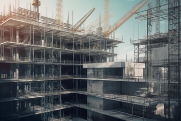 Fototapeta premium Modern building under construction with scaffolding and cranes against a clear sky, symbolizing urban development