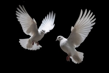 Fototapeta premium Two white doves gracefully flying against a black background, symbolizing peace and purity