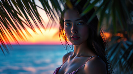 Woman in swimsuit standing on pristine white sand beach, essence of travel, tourism and holiday, pink and orange sunrise, woman against sea and beach	
