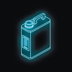 Neon blue jerrycan glowing on dark background, symbolizing fuel, chemicals, or other liquids, ideal for industrial or automotive themes
