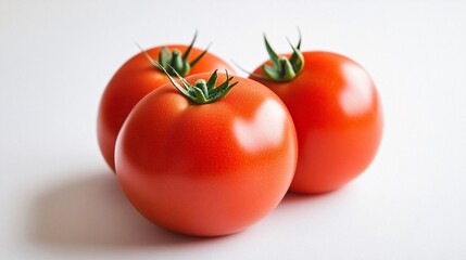 Three ripe red tomatoes on a clean surface, showcasing their glossy texture and vibrant color.