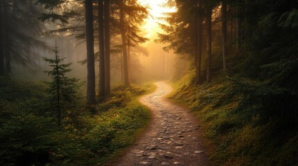 Fototapeta premium Misty forest path at sunrise. (2)