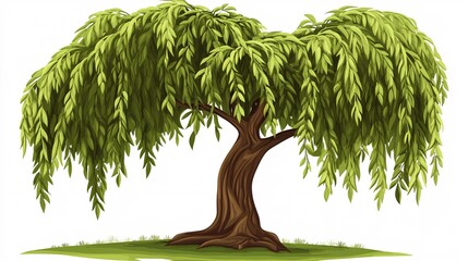 A lush, vibrant willow tree with long, sweeping branches full of bright green leaves.
