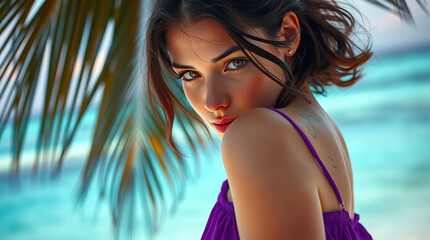 Woman in swimsuit standing on pristine white sand beach, essence of travel, tourism and holiday, pink and orange sunrise, woman against sea and beach	
