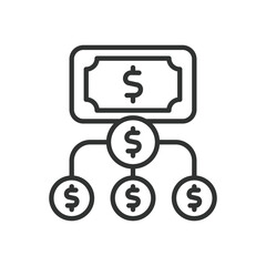 Obraz premium Diversification, icon in line design. Diversification, investment, portfolio, risk management, finance, wealth management on white background vector. Diversification editable stroke icon.