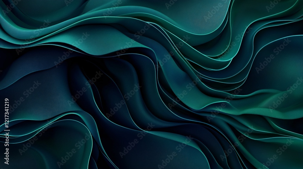 Poster abstract waves in deep green and teal tones, creating a serene and fluid composition.
