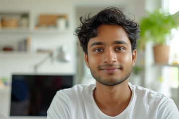 Fototapeta premium Photography of a young India investor, with his workspace in the background.