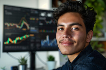 Photography of a young Mexico investor, with his workspace in the background.