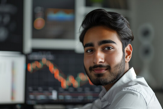 Photography of a young Pakistan investor, with his workspace in the background.