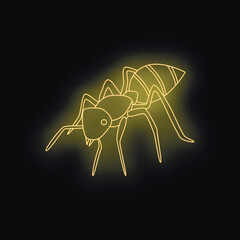 Neon light effect of a golden ant walking on a black background, creating a vibrant and eye catching image