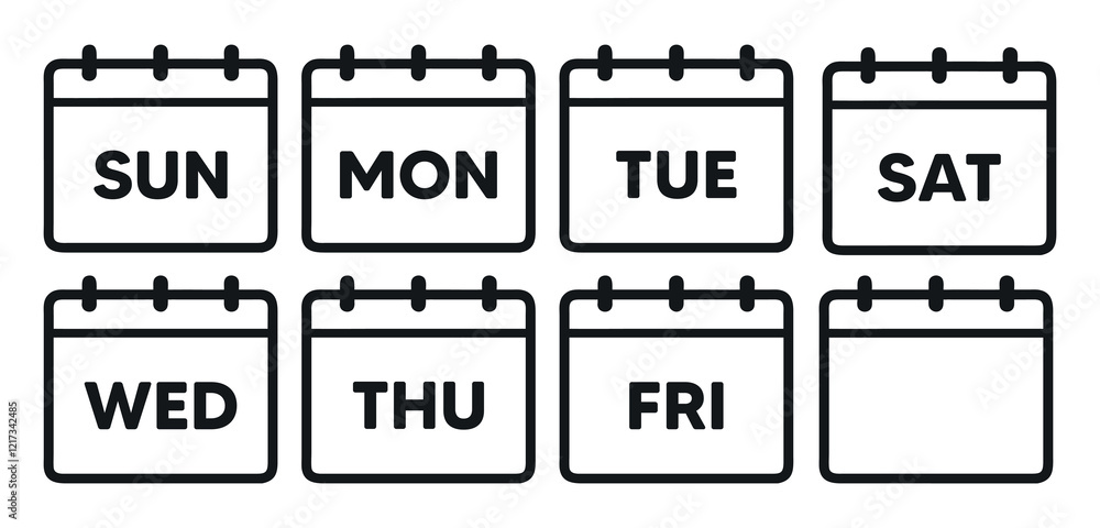Poster calendar icons set, black and white set every day name a week of a calendar icon vector