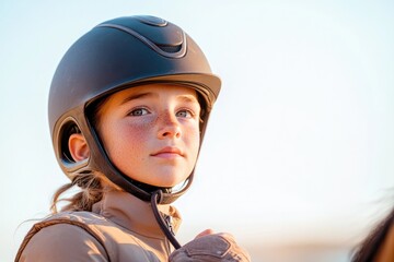 young equestrian in helmet and riding boots gently holding their horse reins with trusting bond