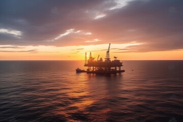 Obraz premium Offshore oil rig silhouetted against a vibrant sunset over calm ocean waters under dramatic clouds