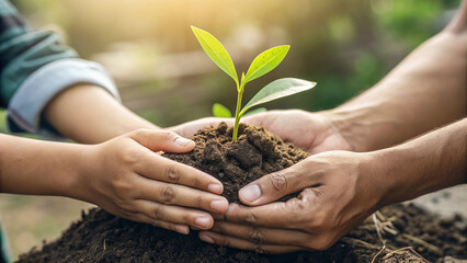 environment Earth Day In the hands of trees growing seedlings hand holding tree on nature field grass Forest conservation concept