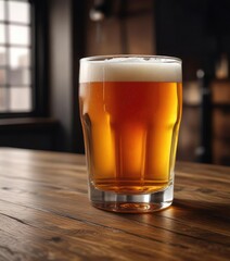 Glass filled with beer on a black and wooden table, drinking glass, beer