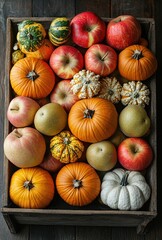 Colorful Harvest Display of Fresh Apples, Pumpkins, Gourds, and Pears in a Rustic Wooden Crate for Seasonal Decoration and Autumn Vibes