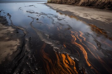 Oil spill on a polluted shoreline with dark water and reflective patterns under a cloudy sky