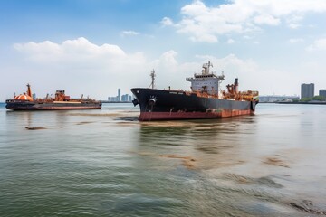 Fototapeta premium Cargo ships anchored in a harbor with calm water and a clear sky in an industrial port setting