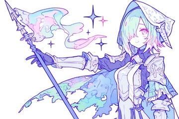 Obraz premium Pastel Anime Girl with a Staff and Flowing Cape