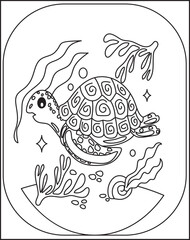 Turtle coloring book. The underwater animal swims and smiles—friendly ocean reptile with a shell. There character on the seabed among fish, seaweed, bubbles. Black and white clipart for children, kids