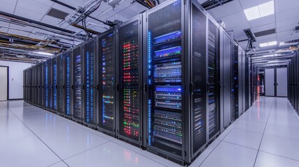 Modern data center with rows of servers.