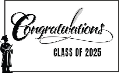 Congratulations typography with stylized graduate silhouette holding a diploma.