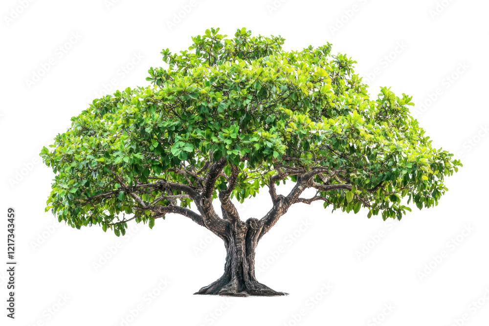 Poster a beautiful, large tree with a strong trunk and a rich array of green leaves, symbolizing solitude a