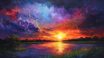 Fototapeta premium Vibrant sunset landscape painting with lightning storm over lake.