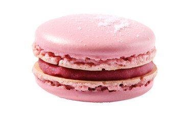 A beautifully crafted pink French macaroon rests in the center, featuring a soft, chewy texture and a subtle sheen. The filling, made from organic strawberry jam