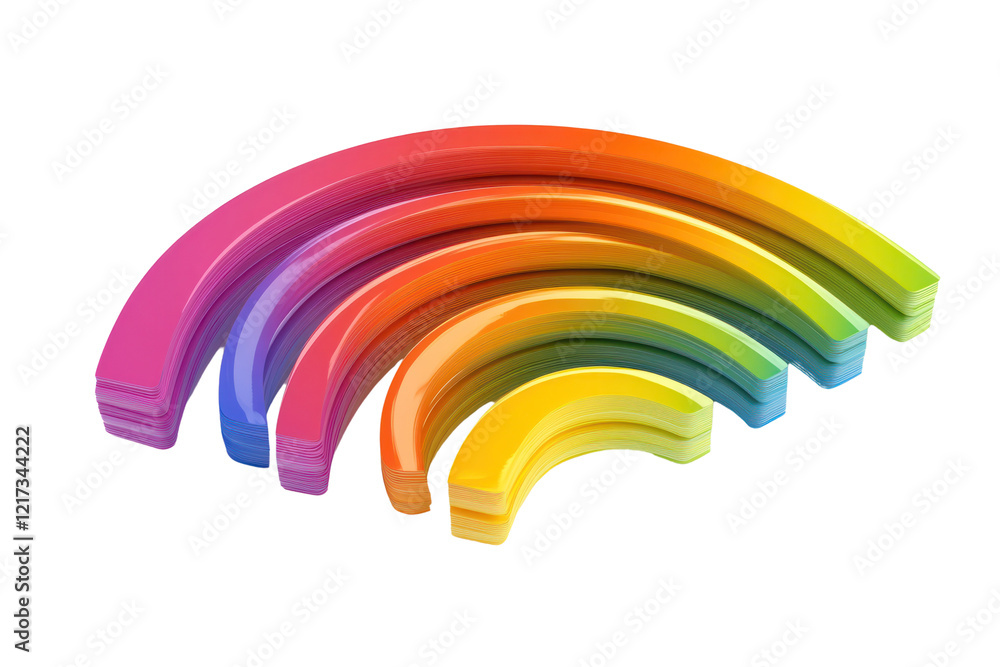 Poster a bold 3d wi-fi symbol featuring bright, contrasting colors in each curved band, representing strong