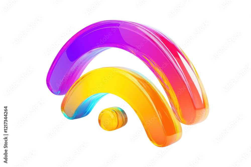Poster a bold 3d wi-fi symbol featuring bright, contrasting colors in each curved band, representing strong