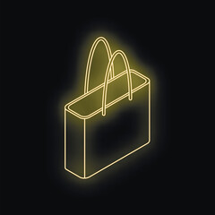 Isometric view of a glowing neon yellow shopping bag on a black background, representing online shopping and consumerism