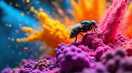 Naklejka premium A blue and black fly is on a pile of colorful powder