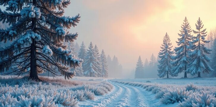 Frosty morning landscape with pine trees and branches, landscape, branches, frosty