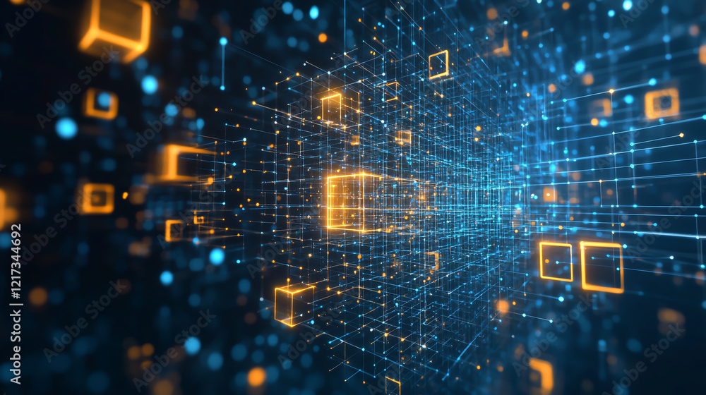 Fototapete abstract technology background showcases a mesmerizing digital voxel artificial cubes illustration.