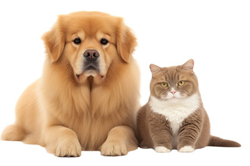 Obraz premium A calm British Shorthair cat with a fluffy Golden Retriever, sitting side by side, both looking at the camera, showing their calm and friendly expressions.