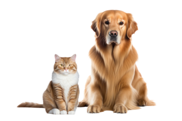 A calm British Shorthair cat with a fluffy Golden Retriever, sitting side by side, both looking at the camera, showing their calm and friendly expressions.