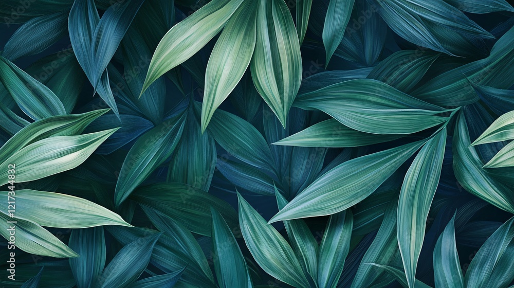 Poster lush green foliage with various textures, creating a serene and calming natural environment.