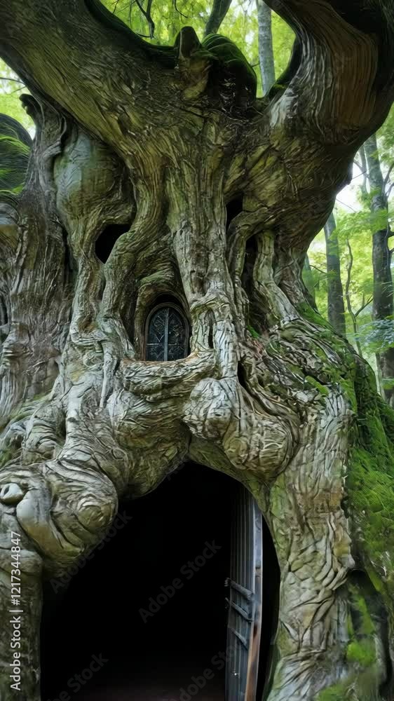 Poster intricate tree structure resembling a face and doorway nestled in a lush green forest during daytime