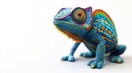 Obraz premium Vibrant chameleon showcasing a stunning array of colors and intricate patterns against a clean white background.