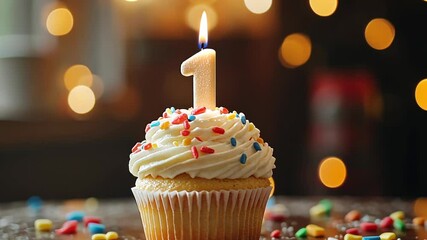 Celebration with a decorated cupcake featuring a lit candle for a first birthday party