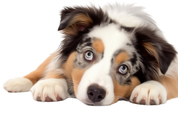 A captivating image of an Australian Shepherd puppy with a soft black and white coat, lying down on a smooth white surface. Its gaze is fixed off-camera, creating a sense of wonder and exploration.