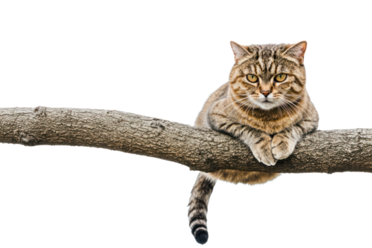 A calm cat sitting alone on a tree branch, looking down with its tail wrapped around the branch