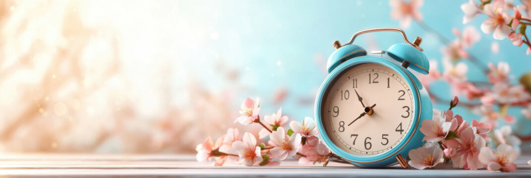Daylight saving Time, Spring forward, Summer back concept with clock on light background and springtime flowers